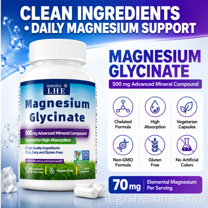 Supporto muscolare in capsule di glicinato di magnesio Shecome
